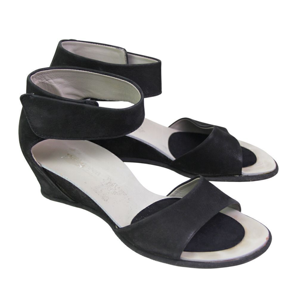 Paul Green BLACK GENUINE LEATHER OPEN TOE WEDGE SLINGBACK SANDALS SHOES Sz 7.5B